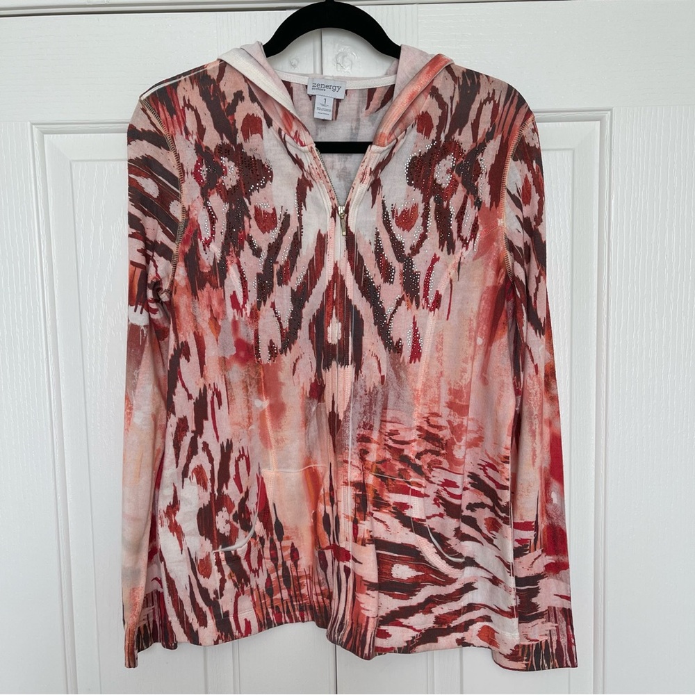 Chico's Pink Coral and Brown Printed Zip Hoodie
